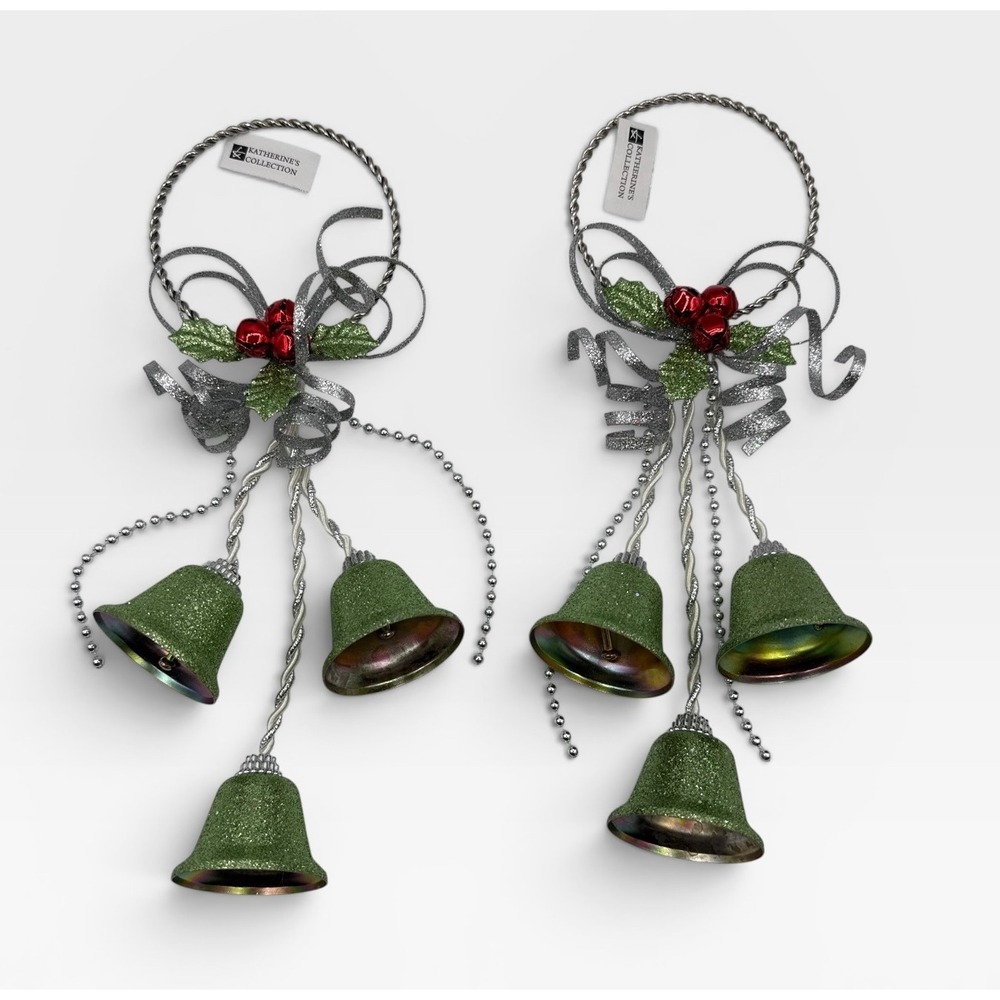 Katherine's Collection Bell Ornaments Green Silver Glitter Holly 2pc Door Hanger